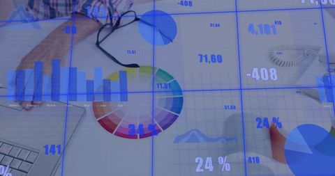 Hand Pointing at Pie Chart on Desk with Data Analytics Overlay