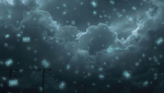 Drifting Cyan Cassette Rain Flooding Storm Clouds Over Urban Crane Silhouettes