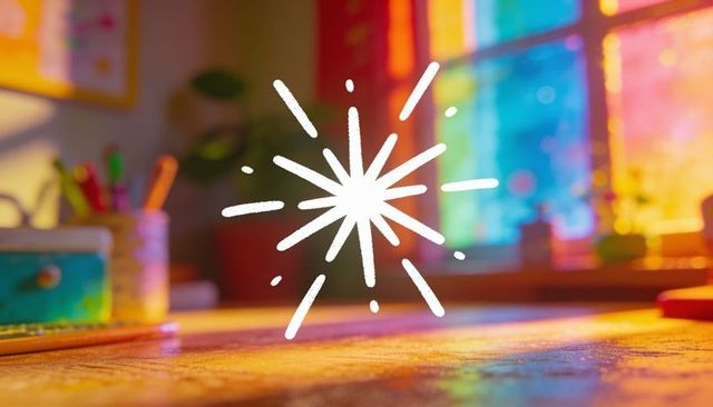 Glowing starburst overlay floating above wooden desk with craft tools and rainbow light