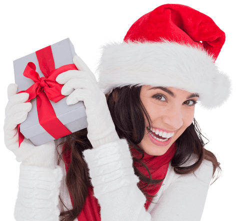Excited Woman in Santa Hat Holding Gift with Transparent Background