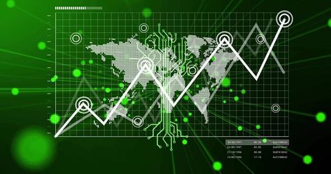 Rising analytics line over dotted world map and circuit grid, green dashboard visualization