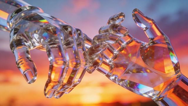 Reaching faceted crystal hands catching sunset prism light and colorful caustics