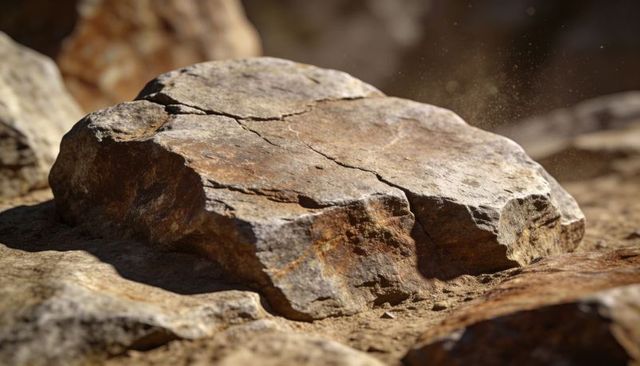 Sunlit weathered rock slab on arid sandy soil showing cracks and mineral texture