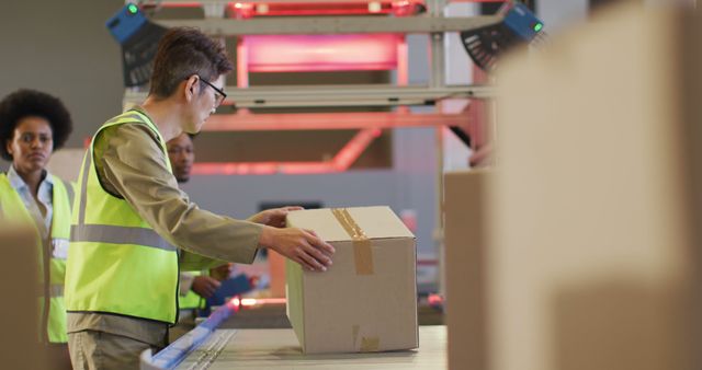 Workers handling and sorting packages in a distribution center, ideal for illustrating concepts related to logistics, shipping, warehousing, and supply chain management. Suitable for use in business presentations, promotional materials for logistics companies, or training manuals.