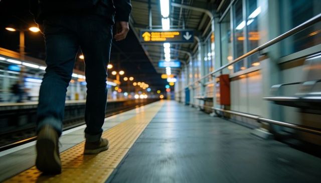 Commuter walking along empty night train platform with motion blur and yellow tactile strip