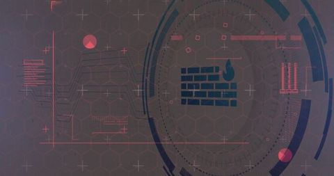 Futuristic Cybersecurity Interface with Firewall Icon and Data Visualizations