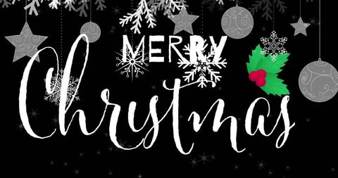 Displaying merry christmas brush script typography on black banner with holly and silver ornaments