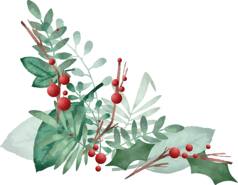 Transparent botanical green foliage with vibrant red berries