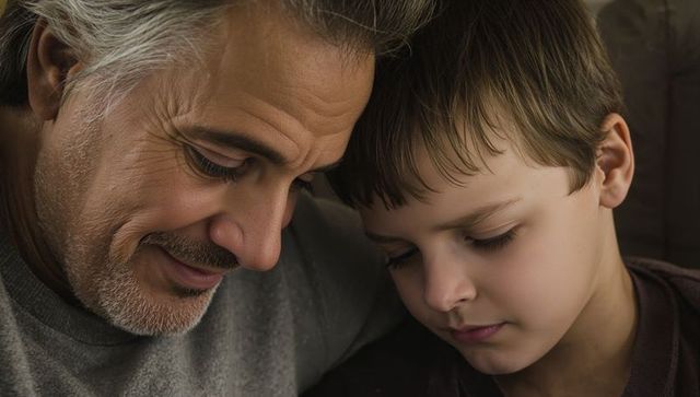 Father and son leaning heads together on couch closeup showing tender emotional bond