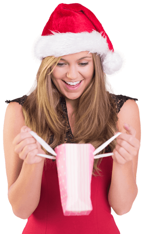 Festive Woman in Santa Hat Opening Gift Bag Transparent PNG