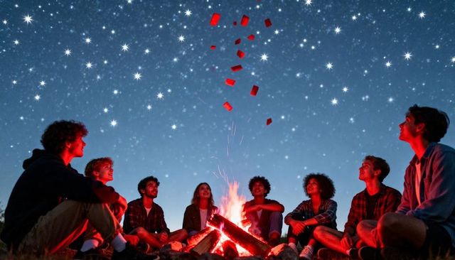 Friends gathering around campfire under starry sky, warming faces with red embers