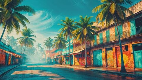 Tropical haiti urban street with colorful murals and palm trees