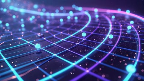 Futuristic Neon Grid Over Virtual Reality Landscape with Floating Spheres - Download Free Stock Images Pikwizard.com