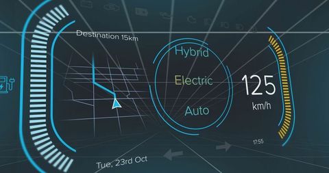 Futuristic vehicle hud display with route navigation and speed