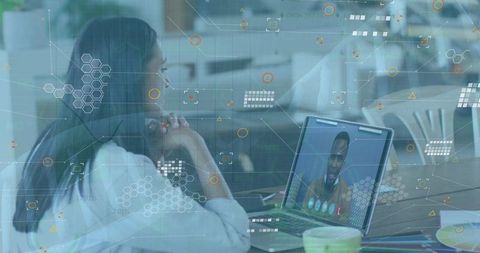 Virtual meeting with digital overlay of technology icons and dna patterns