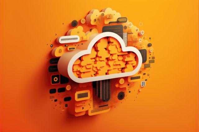 Digital orange cloud with computer circuit board, created using generative ai technology. Cloud computing and data processing concept digitally generated image.