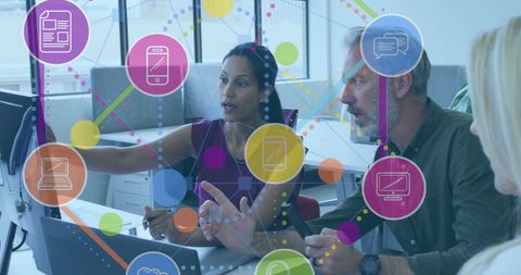 Collaborative teamwork and digital networking in modern office
