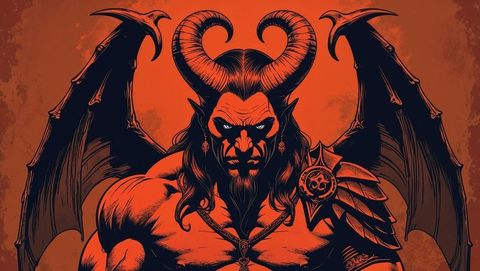 Muscular demon with bat wings and horns in mythical fantasy setting