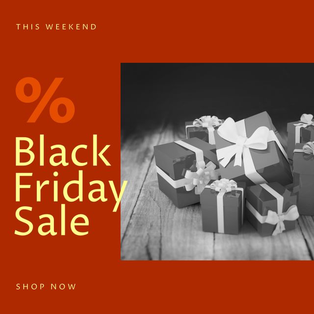 Ideal for retail stores, online shops, and holiday promotions marketing. Use this visual to advertise Black Friday discounts and sales campaigns both online and in print media, to attract customers with eye-catching red and professional gift presentation.