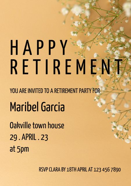 Elegant invitation for a retirement party featuring a gradient gold background with delicate flowers. Ideal for use in creating invites for retirement celebrations, can be used giving retirees a sense of memorable and leisurely ceremony. Perfect for printing and digital use.
