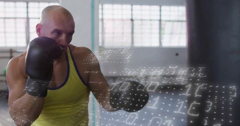 Boxer training with code overlay symbolizing cyber fitness