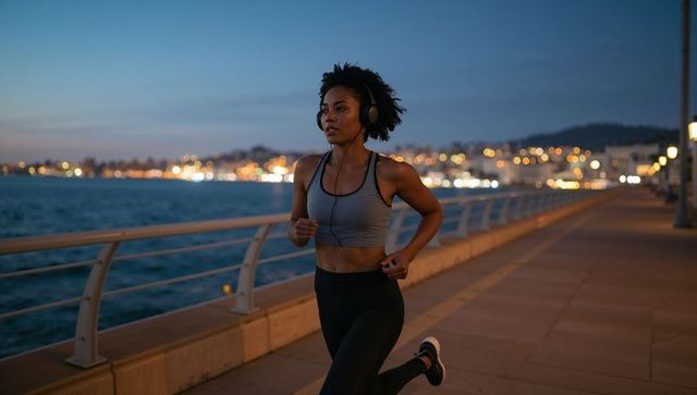 Jogging woman on seaside promenade at dusk listening to music with wired headphones