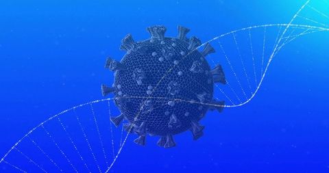 3D Wireframe Virus Model with DNA Helix on Blue Background
