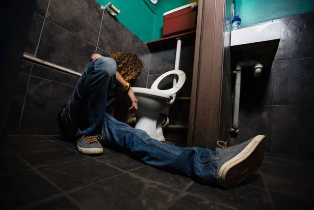 Man crouching near toilet bowl, appearing unwell and vomiting. Scene depicts a person experiencing illness or nausea in a tiled washroom. Useful for depicting health issues, sickness, hygiene advertisements, or public health campaigns.