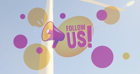 Colorful social media promotion graphic with megaphone and follow us message