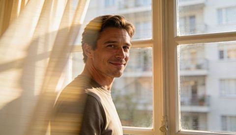 Sunlit man smiling by apartment window during golden hour, calm minimalist urban portrait