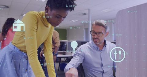 Diverse business professionals analyzing financial technology data