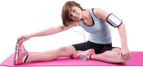 Woman Stretching on Pink Exercise Mat with Earphones - Download Free Stock Videos Pikwizard.com