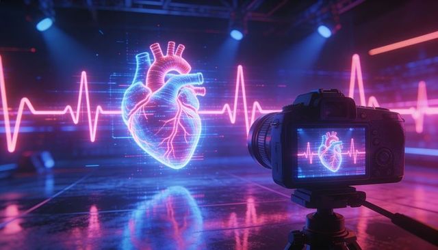 Neon holographic anatomical heart pulsing with ecg waveform while dslr camera capturing