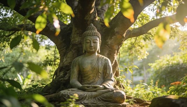 Stone buddha meditating beneath ancient tree, dappled sunlight bathing tranquil garden