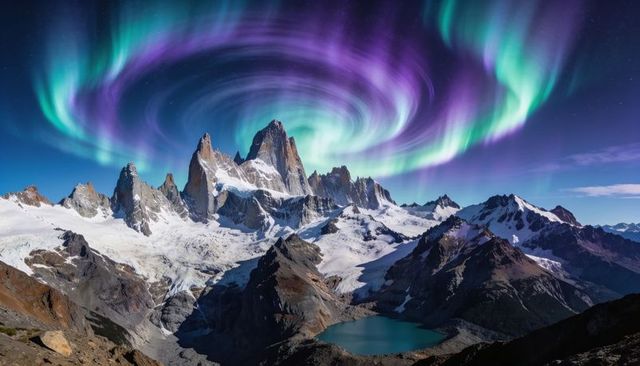 Aurora swirling above jagged granite spire over glacial valley with turquoise alpine lake