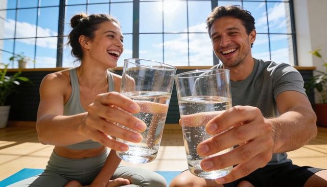 Clinking water glasses after yoga: athletic couple celebrating hydration in sunlit studio