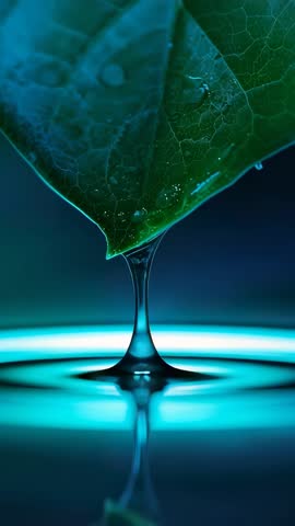 Leaf tip dripping into teal pool, droplet stretching and ripples spreading in macro vertical video