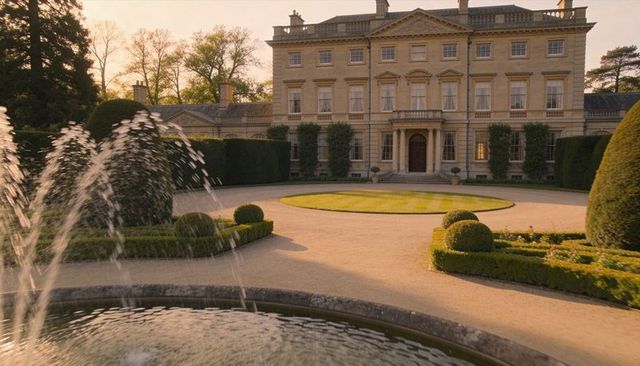 Georgian manor bathing in golden light with formal forecourt, circular lawn and fountain
