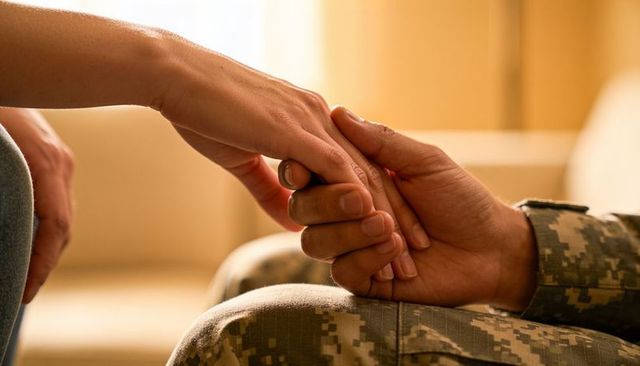 Soldier holding partner's hand offering comfort and support during emotional reunion