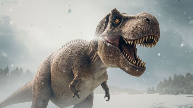 Roaring t-rex in icy terrain showing menacing teeth