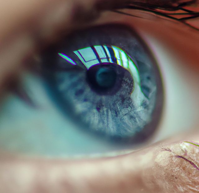 Close up of blue eye of caucasian man looking away. Eyes, vision and sight concept.