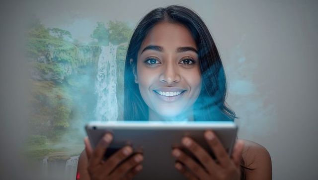 Smiling woman holding tablet projecting waterfall hologram with blue light glow