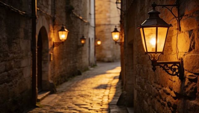 Glowing Wall Lanterns Lighting Historic Cobblestone Alleyway at Golden Dusk