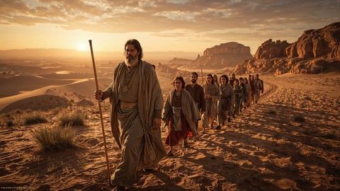 Bearded moses guide leading travelers through desert