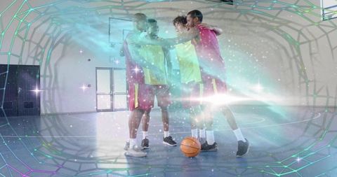 Basketball team unity in futuristic digital arena
