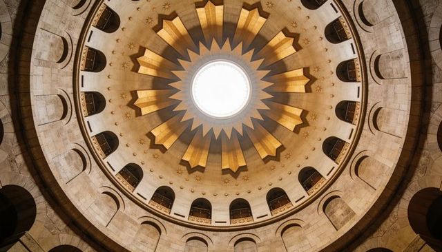 Sunlit starburst dome ceiling with gilded oculus and arched balconies, grand rotunda interior
