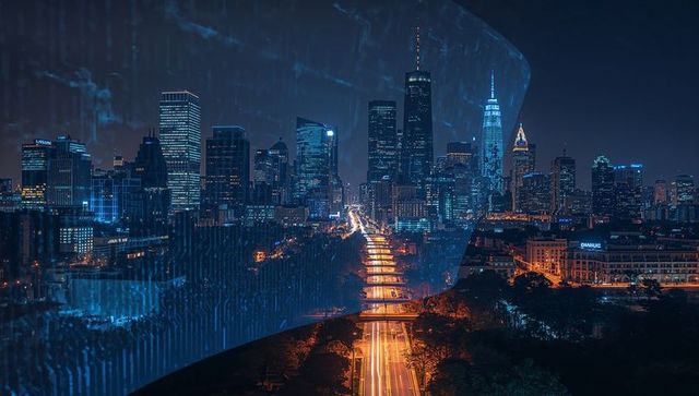 Futuristic Downtown Skyline Glowing with Neon Light Trails, Rain Overlay and Reflections