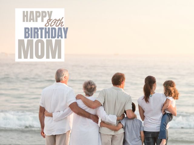 Family celebrates mother's 80th birthday on beach at sunset - Download Free Stock Templates Pikwizard.com