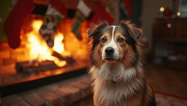 Festive shepherd dog by fireplace with christmas stockings