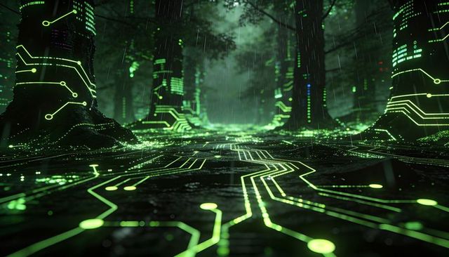 Neon circuit forest pathway glowing green bioluminescent technoorganic rainy cybernetic corridor